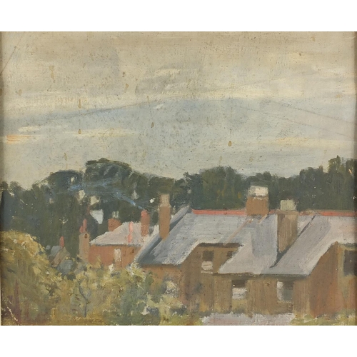 743 - Rooftops, oil onto canvas, partial Conway 1947 R.C.A. Williams label verso, framed, 28cm x 23cm