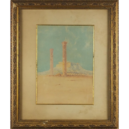 742 - Spyridon Scarvelli - Greek ruins before the Acropolis, watercolour, mounted and framed, 26cm x 18.5c... 