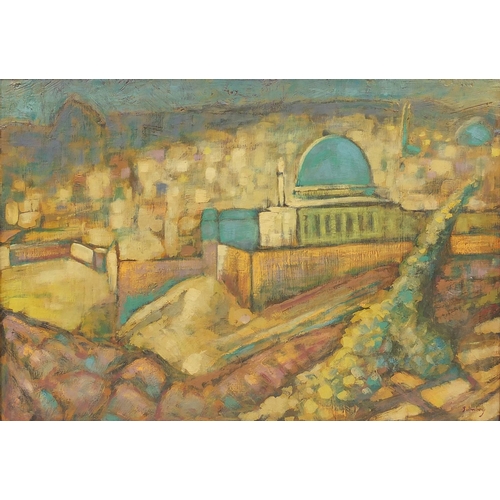 753 - Middle Eastern Cityscape, oil onto canvas, bearing a signature Bomberg and inscribed label verso, fr... 