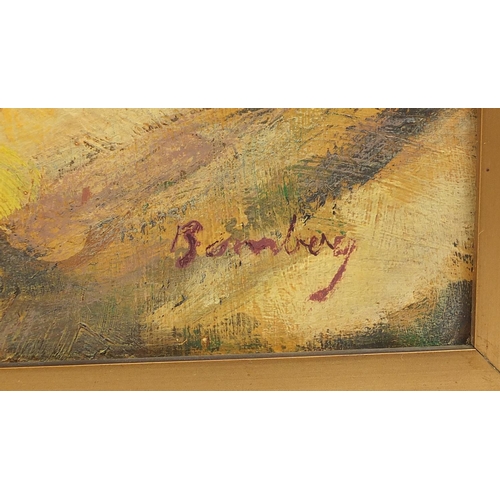 753 - Middle Eastern Cityscape, oil onto canvas, bearing a signature Bomberg and inscribed label verso, fr... 