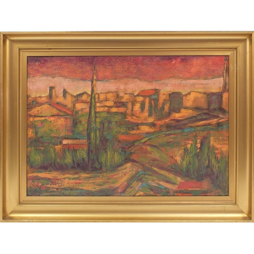 754 - Middle Eastern Cityscape, oil onto canvas, bearing a signature Bomberg and inscribed label verso, fr... 