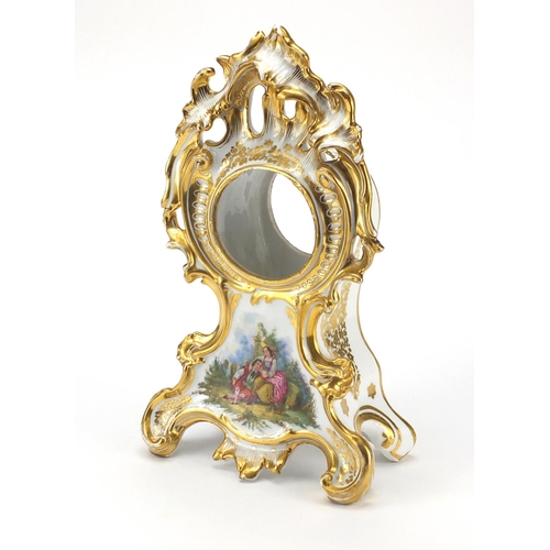 440 - Continental rococo porcelain clock case, hand painted with a panel two lovers, 35.5cm high