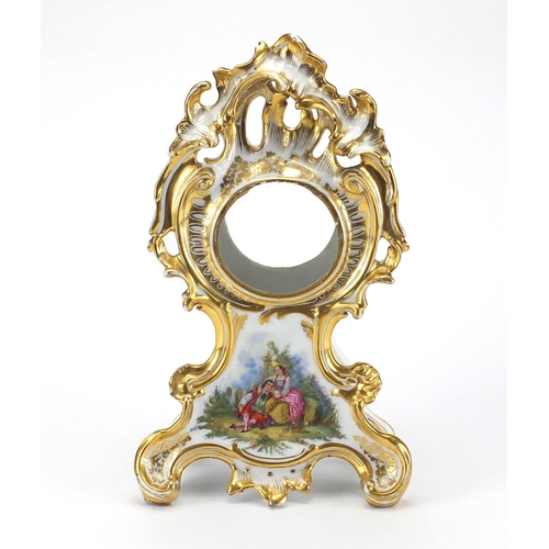 440 - Continental rococo porcelain clock case, hand painted with a panel two lovers, 35.5cm high