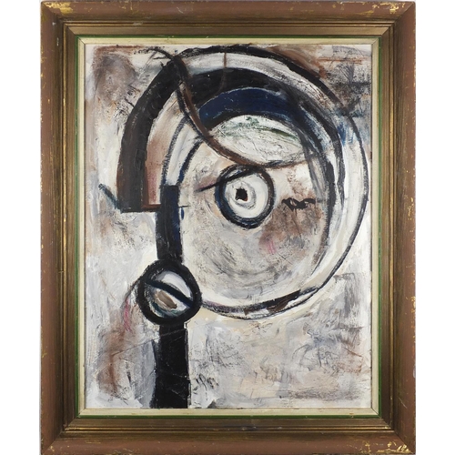 757 - Abstract composition, circles with vertical, oil onto board, inscribed verso, mounted and framed, 49... 