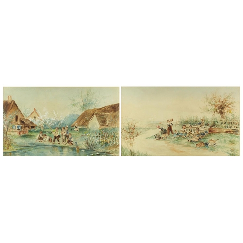 731 - Children fishing and sat beside the road, pair of heightened watercolours, each bearing a monogram C... 