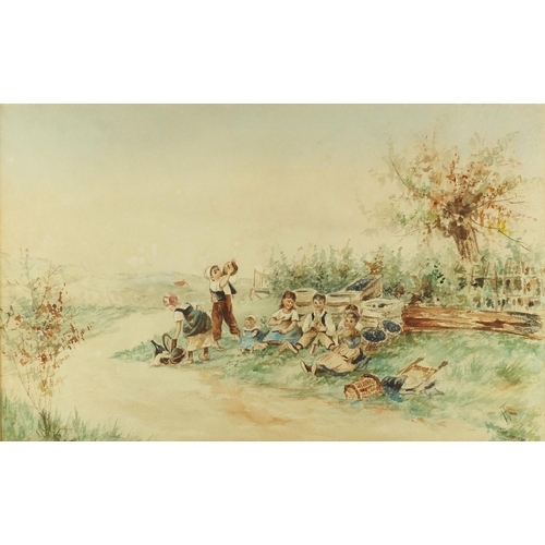 731 - Children fishing and sat beside the road, pair of heightened watercolours, each bearing a monogram C... 