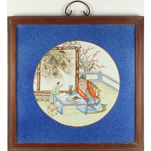 236 - Square Chinese porcelain panel housed in a hardwood frame, hand painted in the famille rose palette ... 