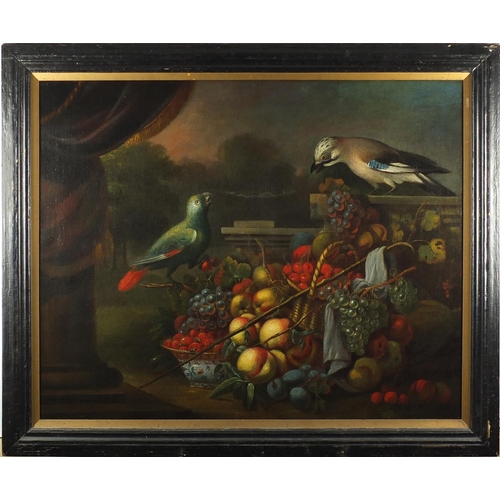 748 - In the manner of Tobias Stranover - 18th century Old Master still life with a blue jay and a parrot ... 