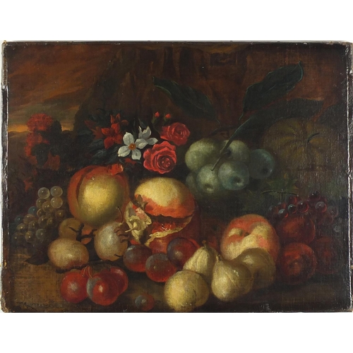 750 - Antique Old Master still life fruit and flowers, continental school oil onto canvas, unframed, 52.5c... 