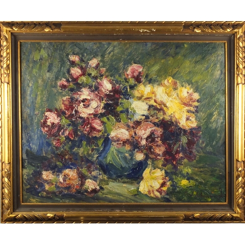 2085 - Still life flowers, onto board, bearing a signature Paul Cheusrel, mounted and framed, 74cm x 56cm