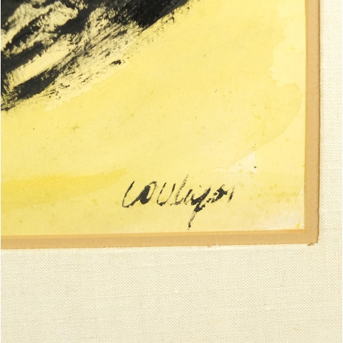 2082 - Abstract composition, mixed media, bearing an indistinct signature and label inscribed Pierre Soulag... 