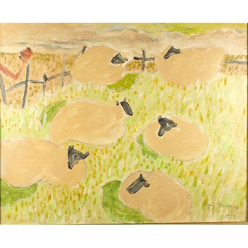 2142 - Grazing sheep, oil onto board, bearing a signature Mary Newcombe 1977, numbered verso, framed, 53cm ... 