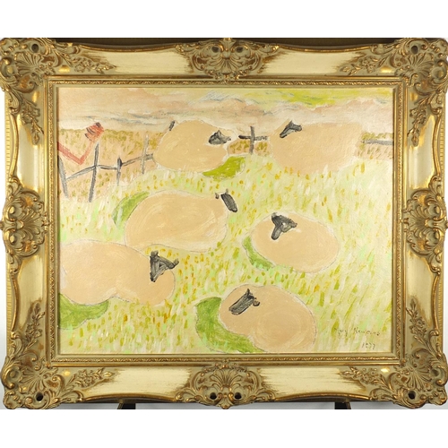 2142 - Grazing sheep, oil onto board, bearing a signature Mary Newcombe 1977, numbered verso, framed, 53cm ... 