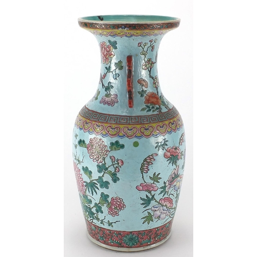 250 - Chinese porcelain vase with iron red twin handles, hand painted in the famille rose palette with bir... 