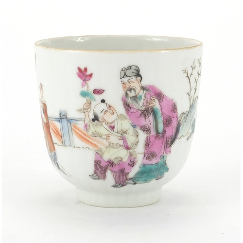 261 - Chinese porcelain tea cup, hand painted in the famille rose palette with figures and birds, four fig... 