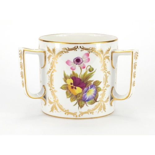 449 - 19th century Derby porcelain tyg hand painted and gilded with panels of flowers, factory marks to th... 
