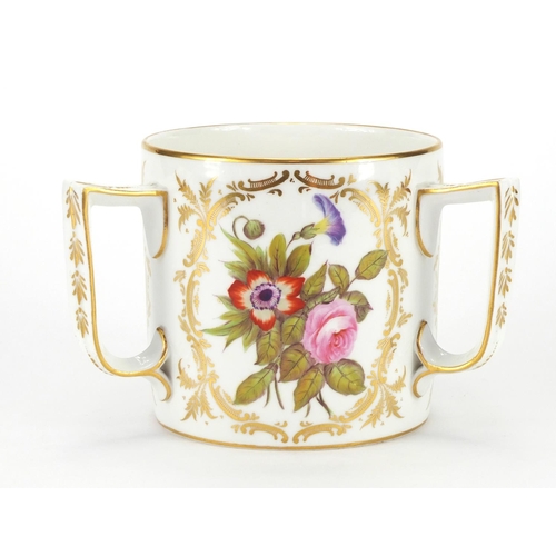 449 - 19th century Derby porcelain tyg hand painted and gilded with panels of flowers, factory marks to th... 