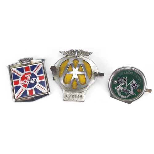 37 - Three motoring interest car badges an Amis Des Routiers, Brands Hatch and an AA example, the largest... 