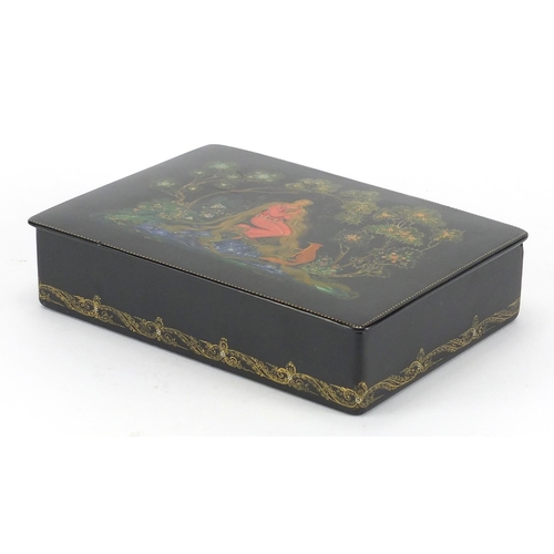 18 - Rectangular Russian lacquered Paper Mache box, hand painted with a long haired girl and a fox amongs... 