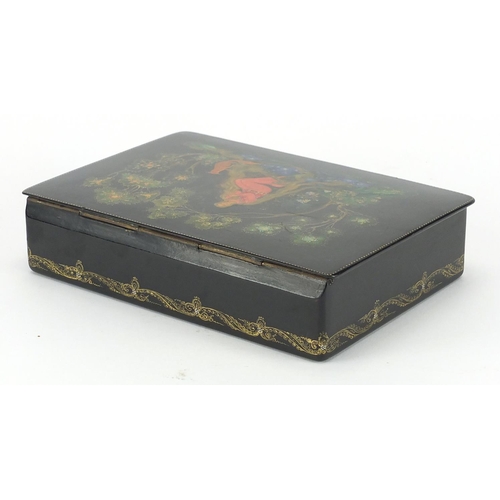 18 - Rectangular Russian lacquered Paper Mache box, hand painted with a long haired girl and a fox amongs... 