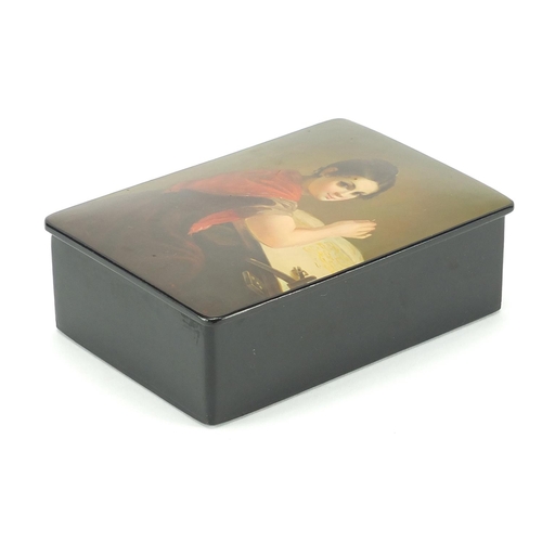 17 - Rectangular Russian lacquered Paper Mache box, the hinged lid hand painted with a young girl paintin... 