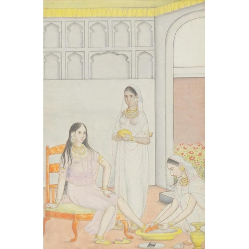 739 - Ten 18th century Indian Mughal watercolours, depicting various scenes, inscribed verso, mounted in a... 