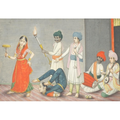 739 - Ten 18th century Indian Mughal watercolours, depicting various scenes, inscribed verso, mounted in a... 
