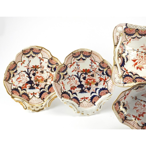 450 - 19th century Derby china including twin handled basket vase and two pairs of dishes decorated with f... 