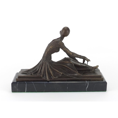 2126 - Art Deco style bronze study of a seated ballerina tying her shoes, raised on a rectangular marble ba... 