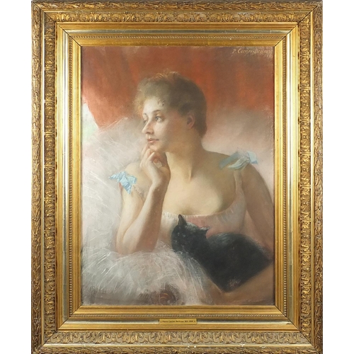 732 - Pierre Carrie-Belleuse 1891 - Portrait of a seated ballerina with a black cat, pastel onto canvas, m... 