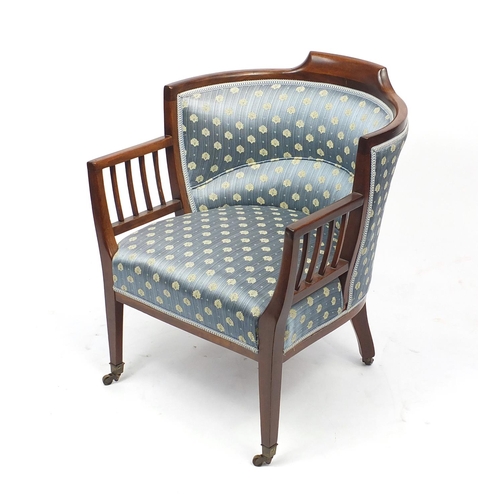 2053 - Edwardian mahogany framed tub chair with blue  upholstery, 72.5cm high