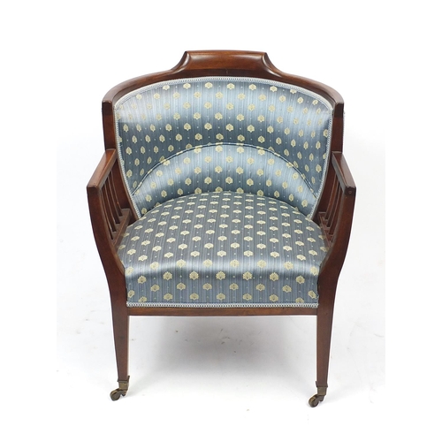 2053 - Edwardian mahogany framed tub chair with blue  upholstery, 72.5cm high