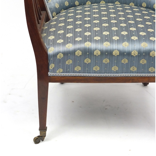 2053 - Edwardian mahogany framed tub chair with blue  upholstery, 72.5cm high