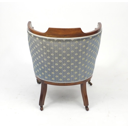 2053 - Edwardian mahogany framed tub chair with blue  upholstery, 72.5cm high