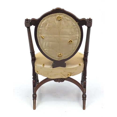 2034 - Victorian rose wood occasional chair with beige floral upholstery, 82cm High