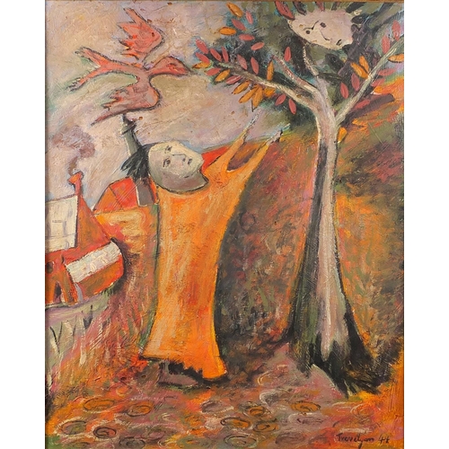 2084 - Surreal composition, figure beside a tree, oil onto board, bearing a signature Trevelyon, framed, 54... 