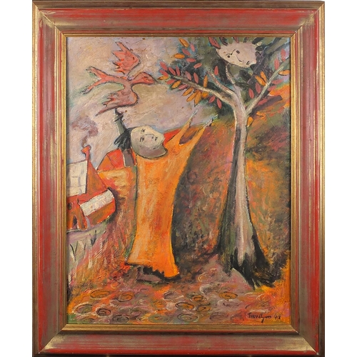 2084 - Surreal composition, figure beside a tree, oil onto board, bearing a signature Trevelyon, framed, 54... 