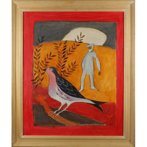 2087 - After Mary Fedden  Man and bird, oil onto board, framed, 50cm x 39cm