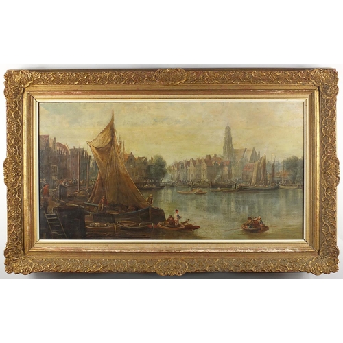 770 - Ghent Harbour, figures and boats, continental school canvas oil onto canvas, mounted and framed, 75c... 