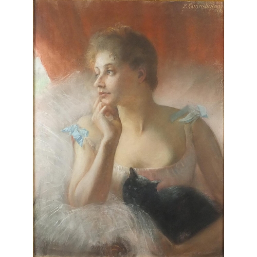 732 - Pierre Carrie-Belleuse 1891 - Portrait of a seated ballerina with a black cat, pastel onto canvas, m... 