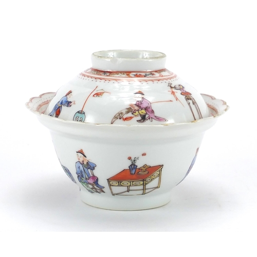 245 - Chinese porcelain lidded tea bowl hand painted in the with figures and flowers, 9.5cm high