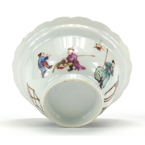 245 - Chinese porcelain lidded tea bowl hand painted in the with figures and flowers, 9.5cm high