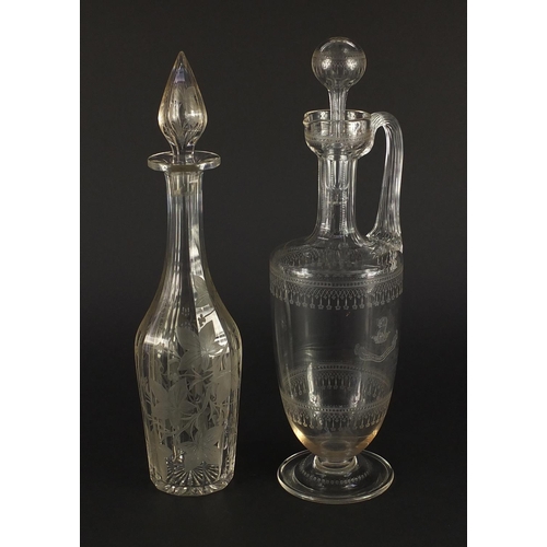 473 - 19th century glass decanter etched with vines together with a good quality claret jug with coat of a... 