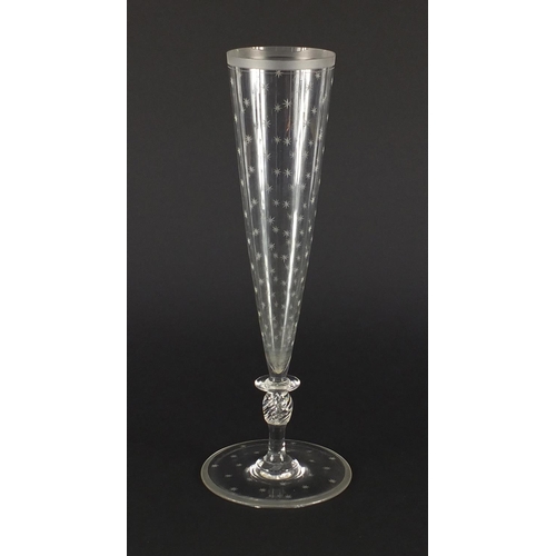 476 - Good quality glass stem vase etched with stars, 30cm high