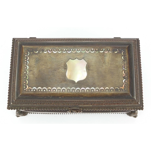 14 - 19th century horn and brass casket, with Mother of Pearl inlay and velvet lined button back interior... 