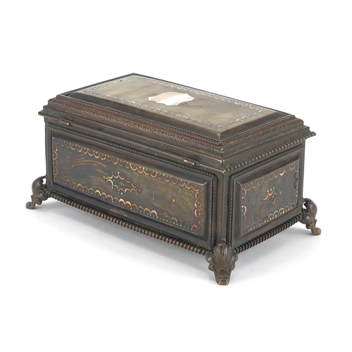 14 - 19th century horn and brass casket, with Mother of Pearl inlay and velvet lined button back interior... 
