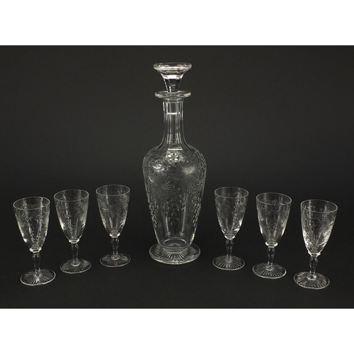 477 - Good quality cut glass decanter and six glasses with leaf and berry decoration, the decanter 32cm hi... 