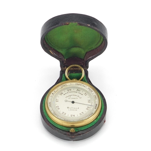 68 - Gilt brass compensated pocket barometer by Dollond of London, with tooled leather case, 5cm in diame... 