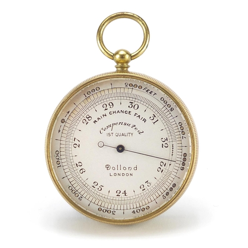 68 - Gilt brass compensated pocket barometer by Dollond of London, with tooled leather case, 5cm in diame... 