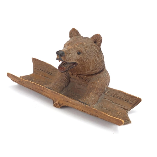 11 - Black forest carved bear inkwell and with tray, 20cm wide